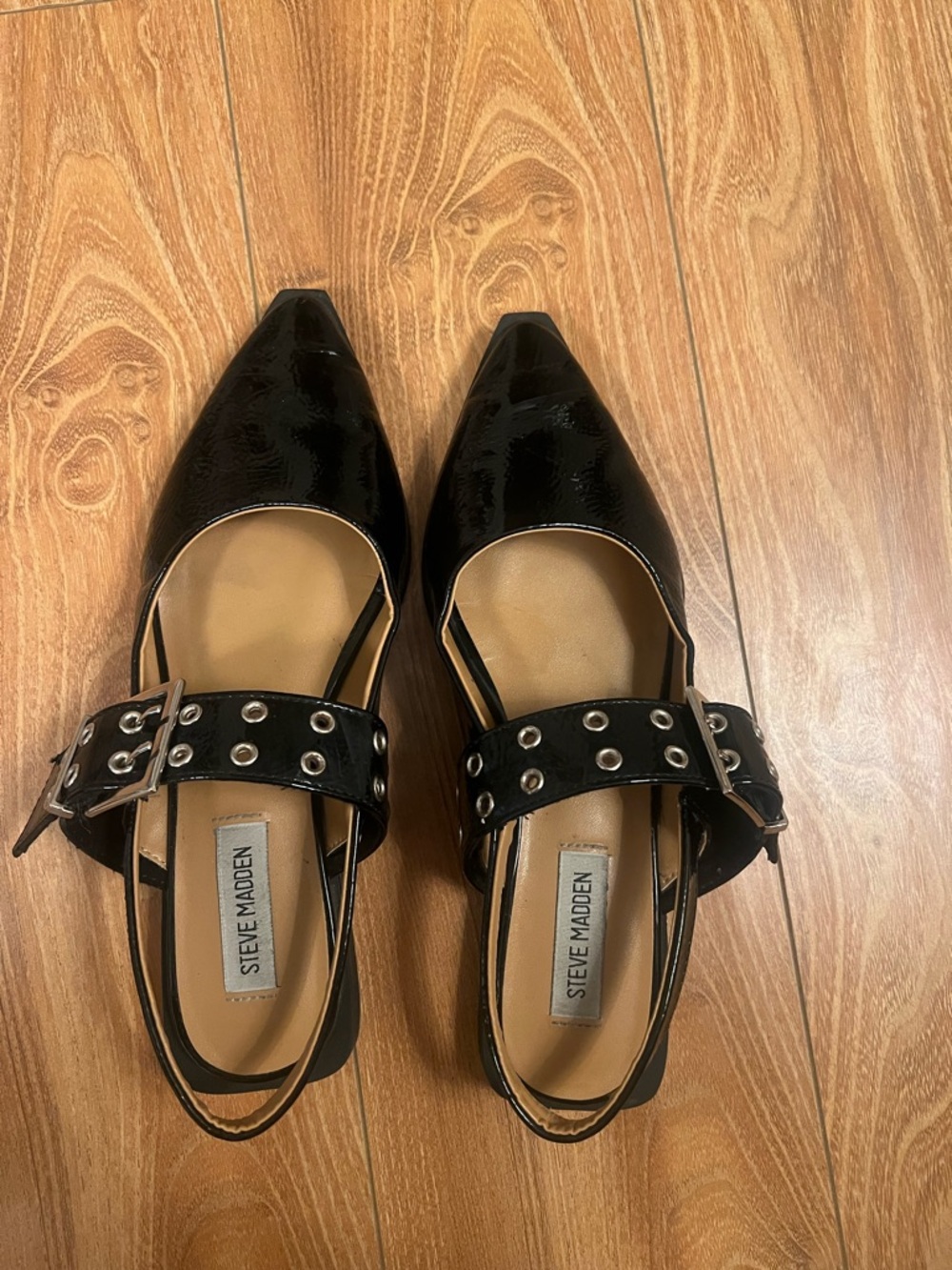 Steve Madden Black Patent Pointed Toe Slingback Flats with Grommet Strap